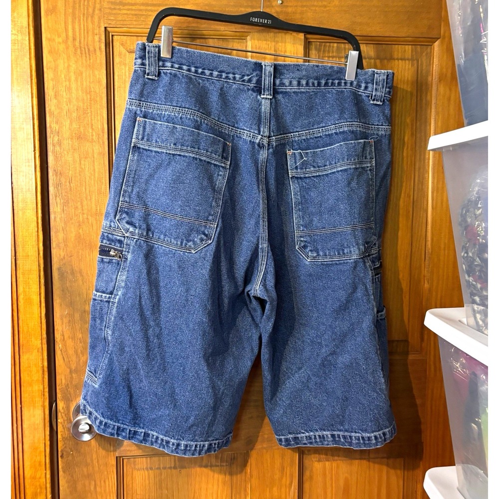 Vintage No Boundaries Men's Wide Leg Baggy Denim Cargo Shorts Blue Size 36 Y2K